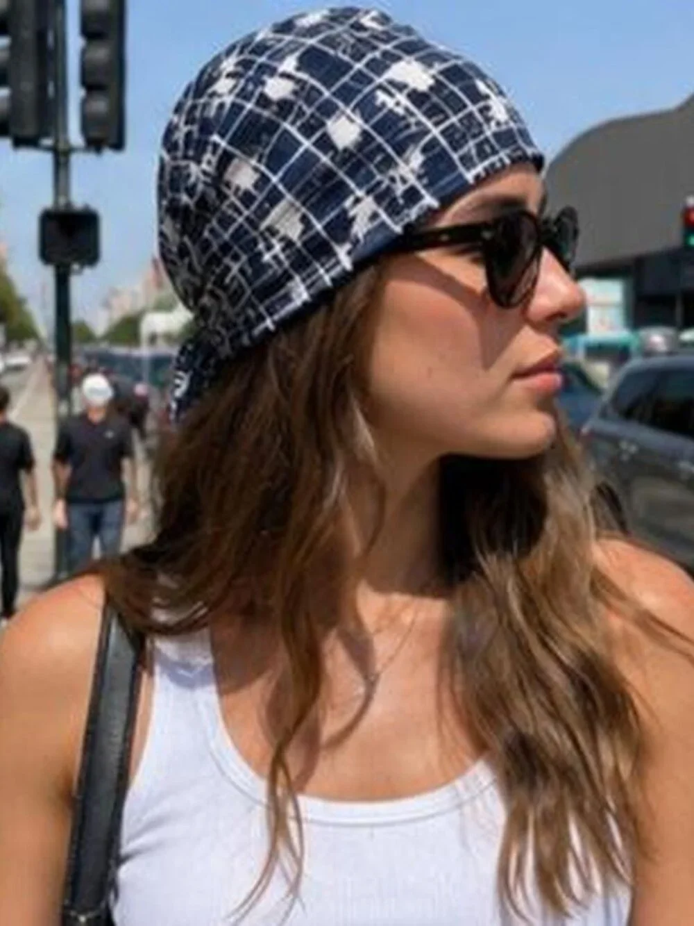 Navy Blue White Plaid Headscarf Bandana Hair Wrap Y2K Grunge Indie Sleaze